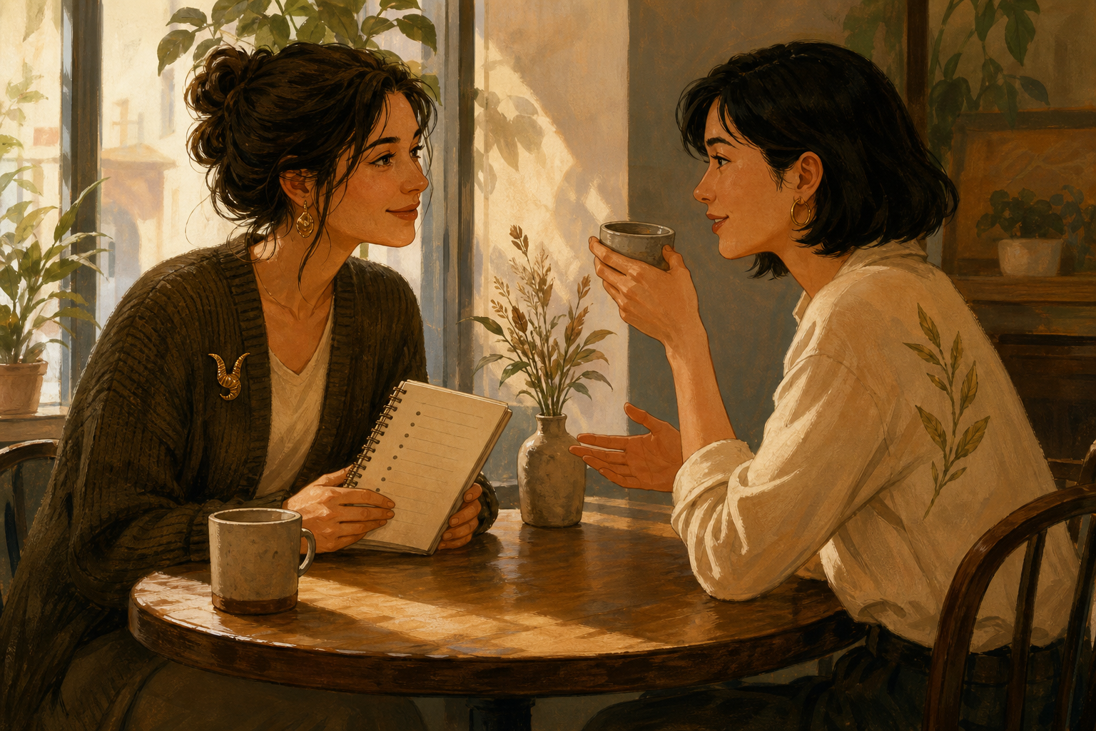Two people leaning in over a notebook in a warm café, discussing plans; subtle Capricorn-themed brooch on a sweater.