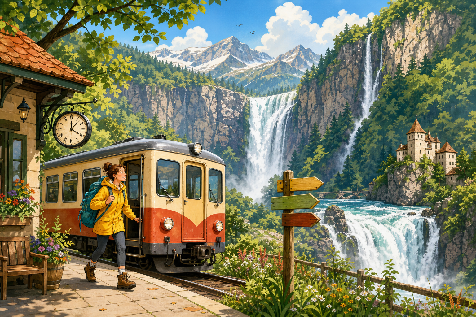 Illustration of a regional train station with commuters stepping off toward nearby waterfalls visible in the background — playful, colorful scene.